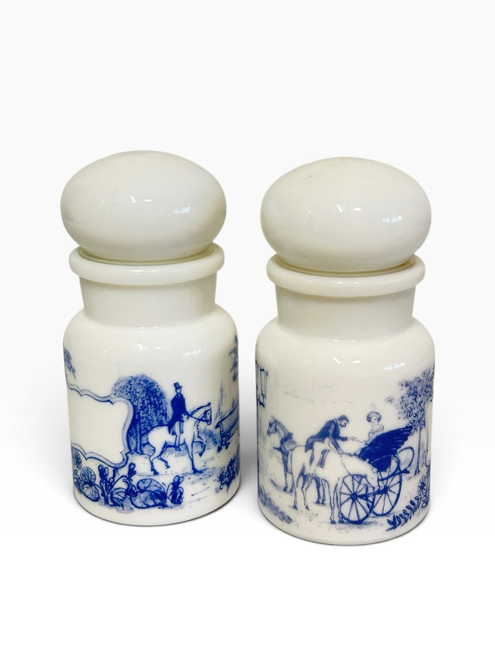 Vintage Belgian Milk Glass Apothecary Blue White Toile Jar Set of 2
